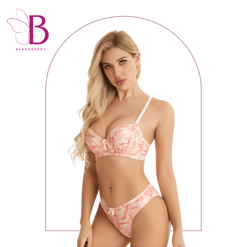 Women's Pink Camouflage Lingerie Set – Push Up Underwire Bra & Hipster Panty – Sexy 2-Piece Printed Underwear Set